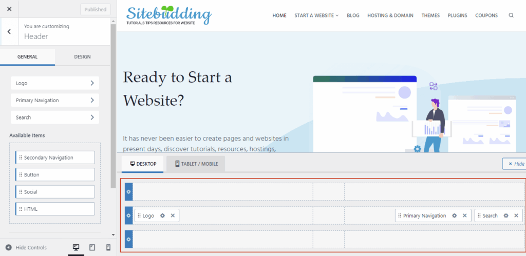 Customize Sitebudding header footer