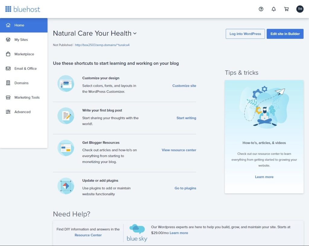 Bluehost dashboard