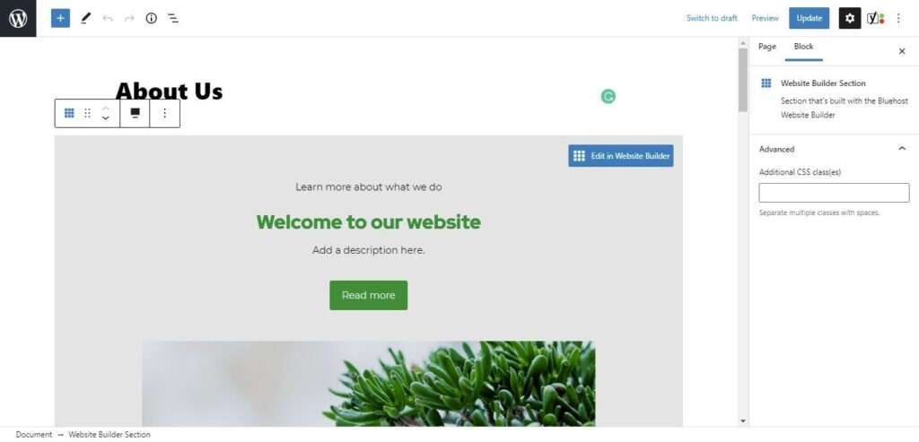 bluehost website builder Edit secitions in WordPress