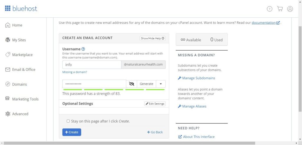 cPanel new Email Accounts