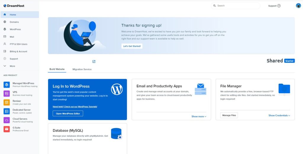 DreamHost shared hosting main dashboard